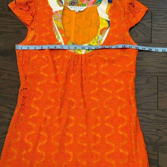 Trina Turk Orange Crochet With Silk Detail Neckline Pleated Shift Dress Size 6 - Picture 7 of 10